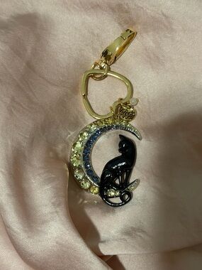 Gold Cat on Moon Pet Charm Keychain - Black Cat with Yellow and Blue Crystals